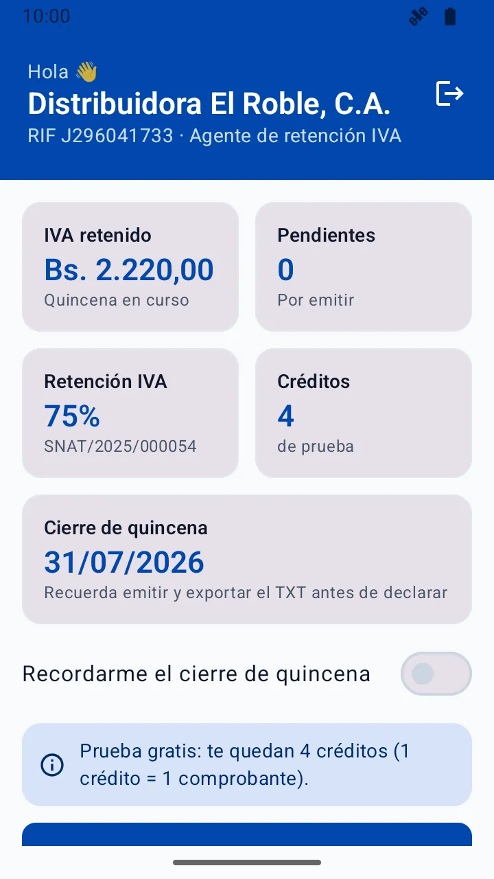Pantalla principal de TaxMind: IVA retenido de la quincena en curso, porcentaje de retención y créditos disponibles