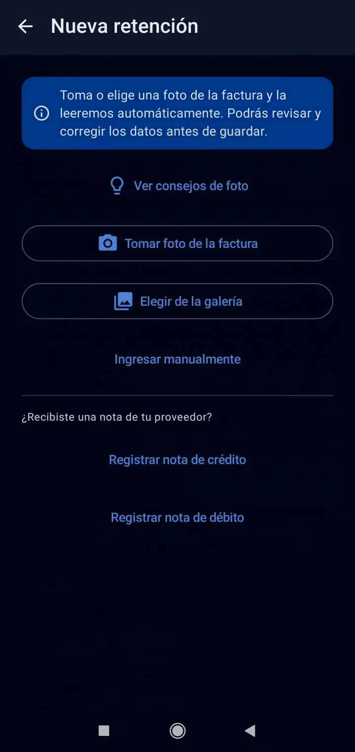 Pantalla de nueva retención en TaxMind: tomar foto de la factura o elegirla de la galería