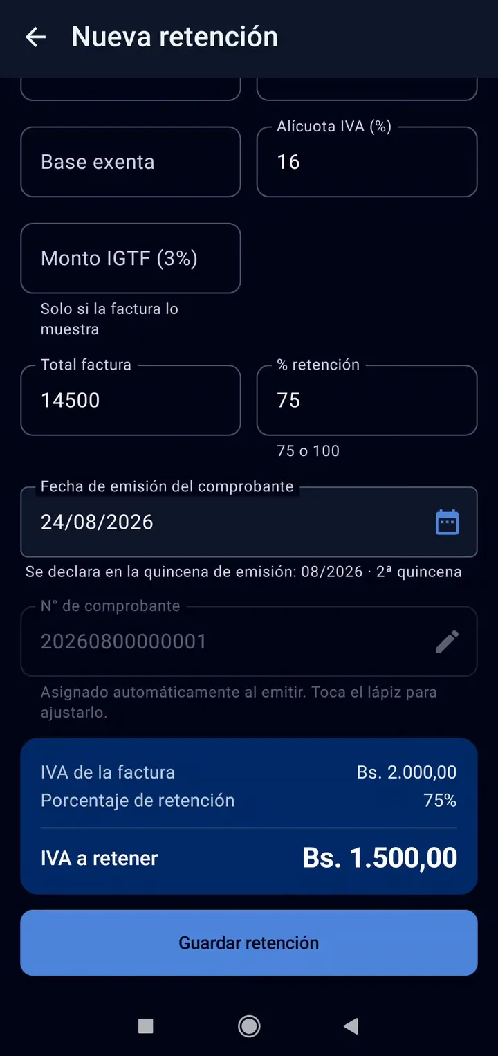 Cálculo de la retención en TaxMind: IVA de la factura, porcentaje aplicado e IVA a retener