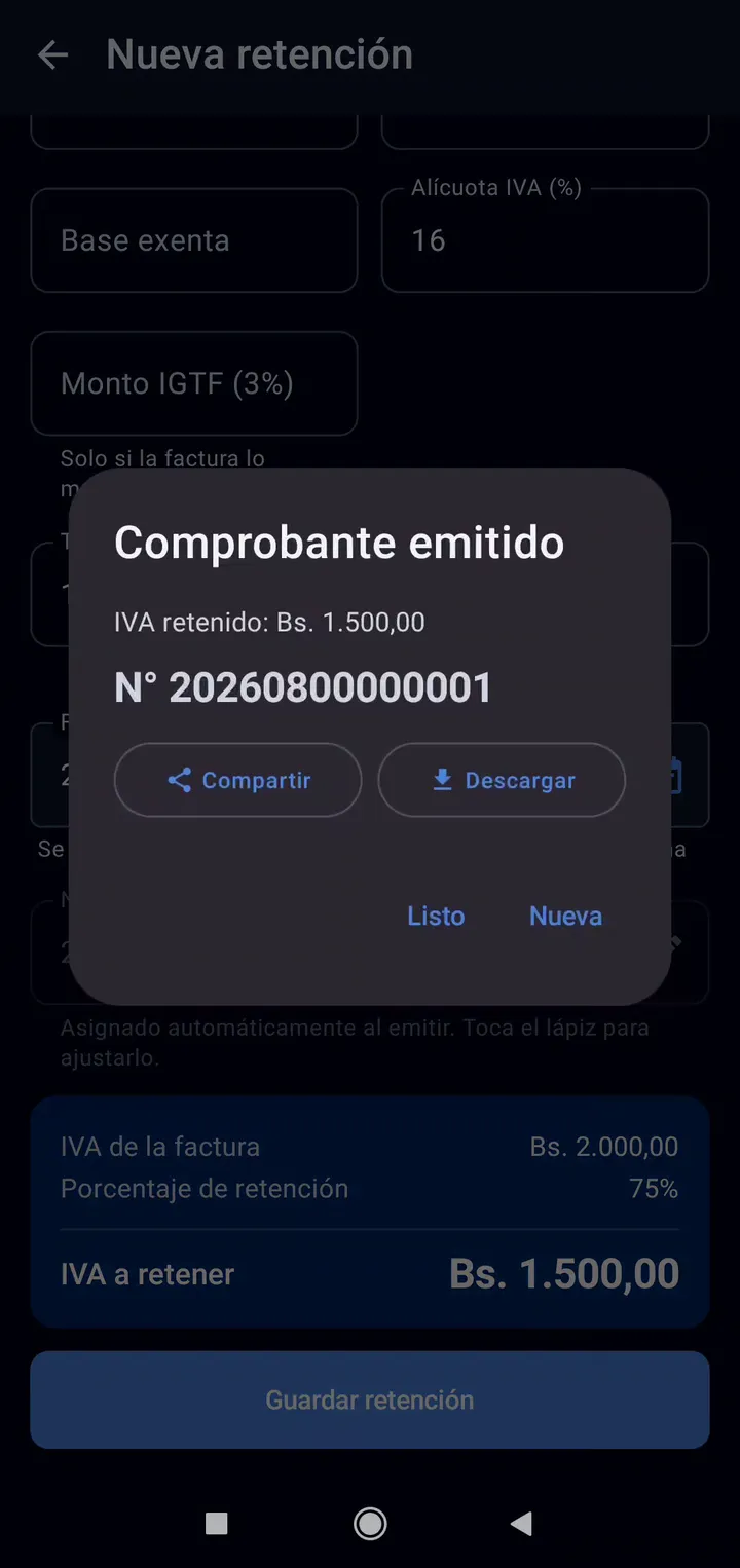 Comprobante emitido en TaxMind con su número de correlativo y botones para compartir o descargar el PDF